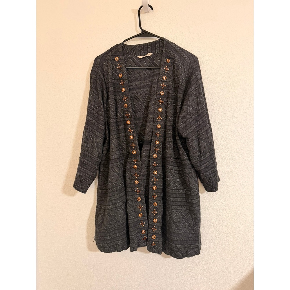 Soft Surroundings Charcoal Gray Jacquard Beaded Open Front Cardigan XXL